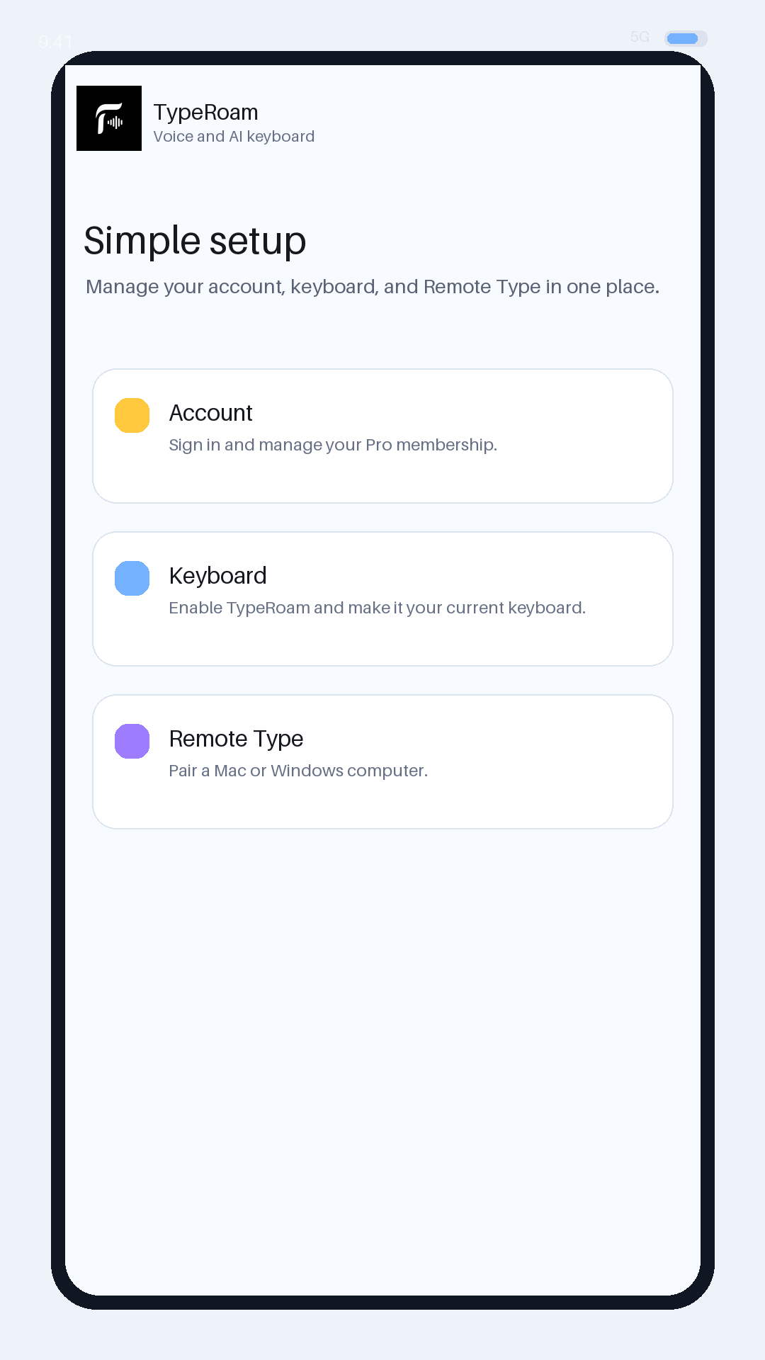 TypeRoam settings screen with Remote Type available below Keyboard