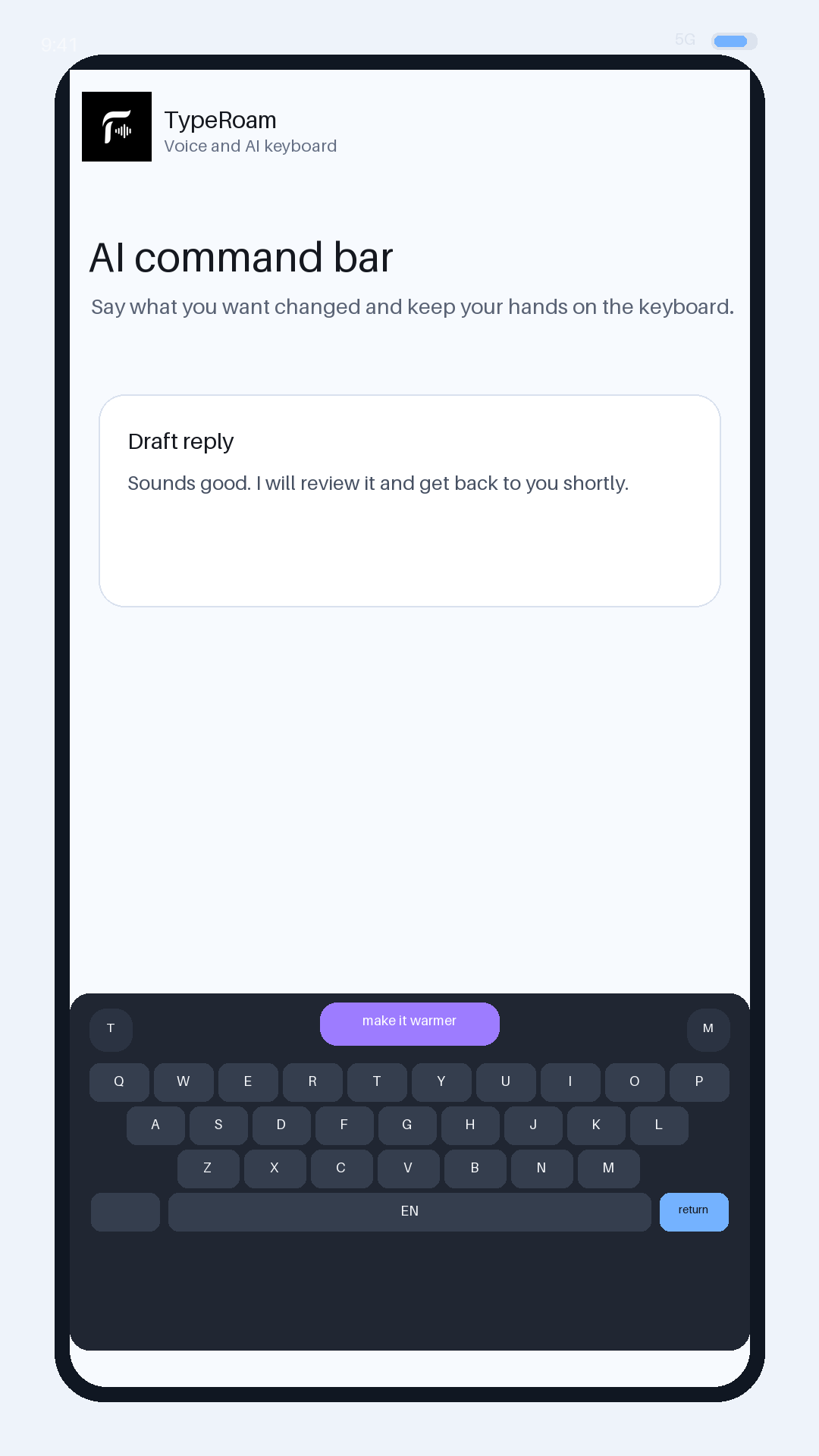 TypeRoam AI command bar editing a draft on Android
