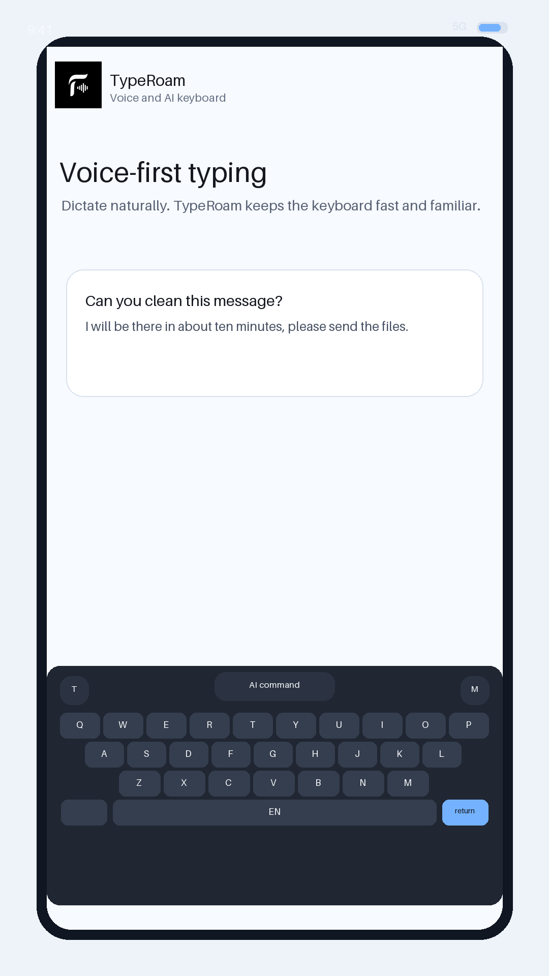 TypeRoam voice keyboard ready for English dictation on Android